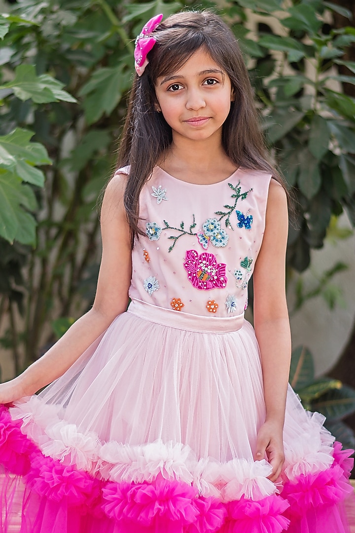 Pink Shaded Organza Embroidered Flared Gown For Girls by pa:paa at Pernia's Pop Up Shop