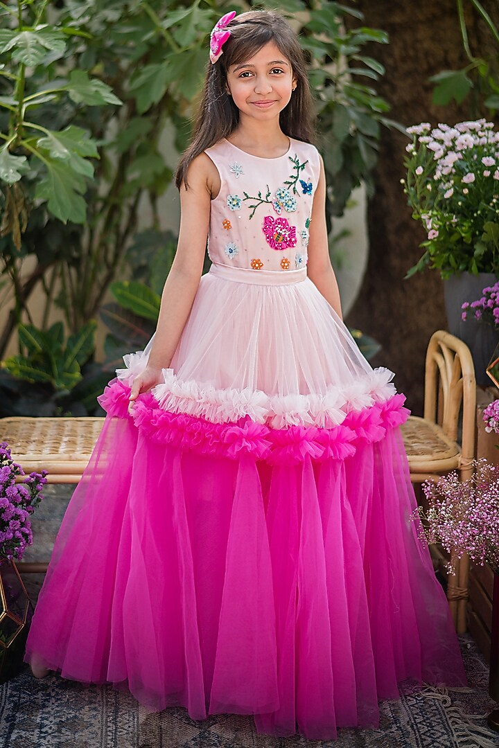 Pink Shaded Organza Embroidered Flared Gown For Girls by pa:paa at Pernia's Pop Up Shop