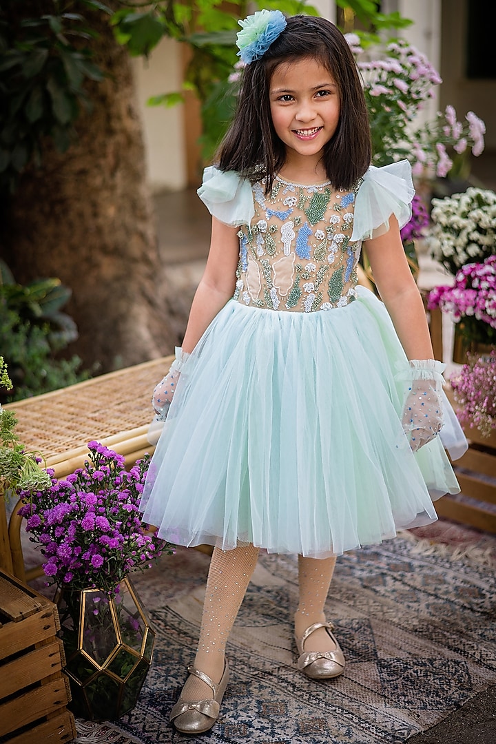 Green & Blue Tulle Embroidered Dress For Girls by pa:paa