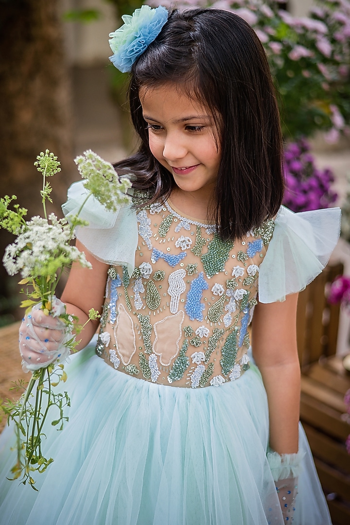 Green & Blue Tulle Embroidered Dress For Girls by pa:paa at Pernia's Pop Up Shop