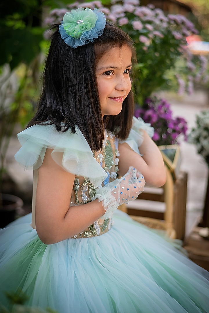 Green & Blue Tulle Embroidered Dress For Girls by pa:paa at Pernia's Pop Up Shop