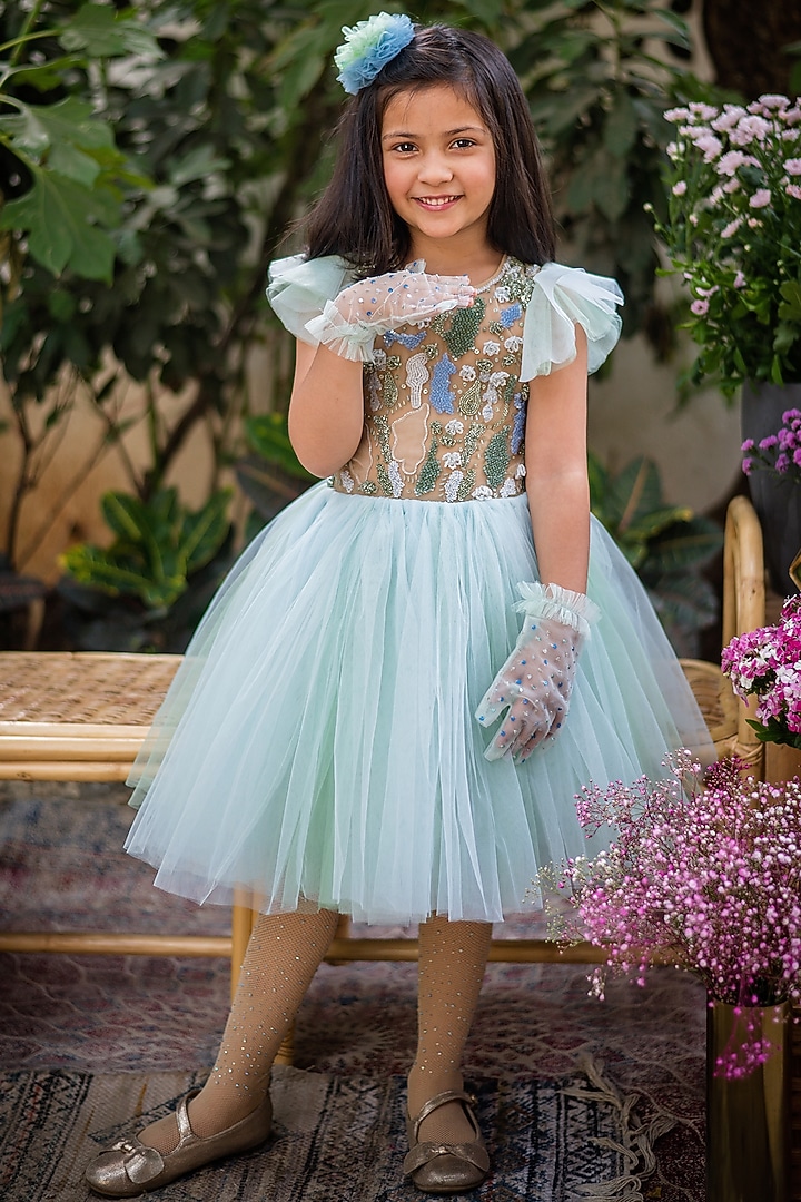 Green & Blue Tulle Embroidered Dress For Girls by pa:paa at Pernia's Pop Up Shop
