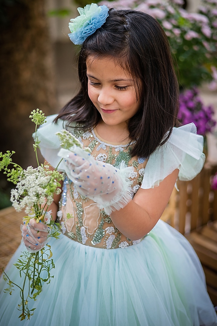 Green & Blue Tulle Embroidered Dress For Girls by pa:paa at Pernia's Pop Up Shop