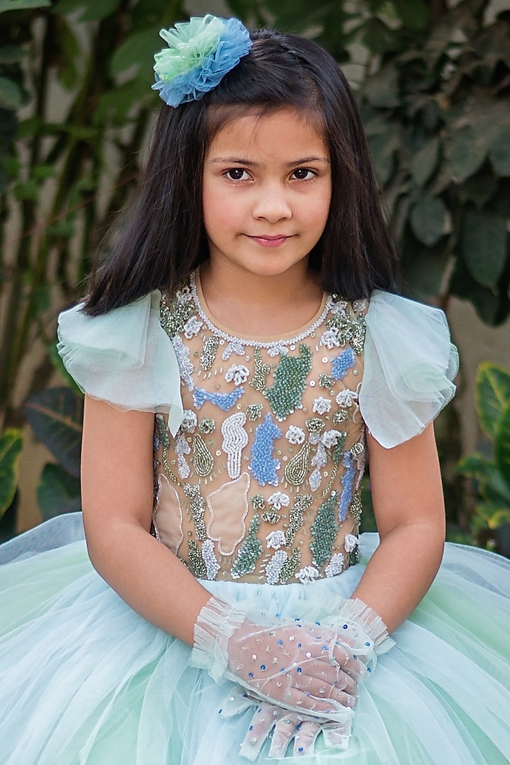 Green & Blue Tulle Embroidered Dress For Girls by pa:paa at Pernia's Pop Up Shop