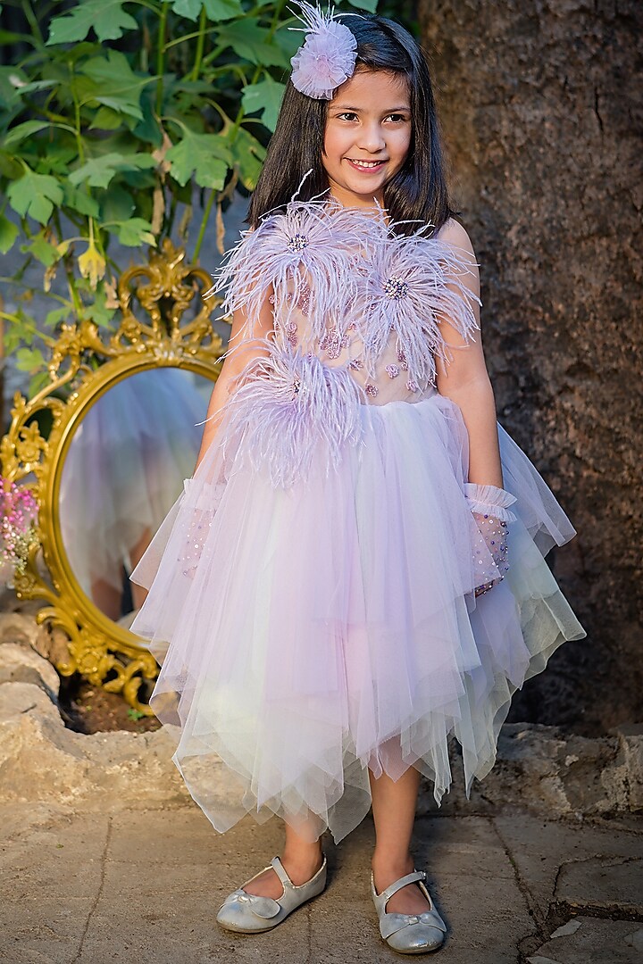Lavender Tulle Embroidered Asymmetric Flared Dress For Girls by pa:paa