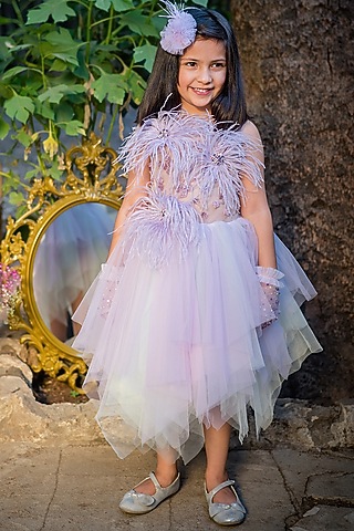 Lavender Tulle Embroidered Asymmetric Flared Dress For Girls by pa:paa