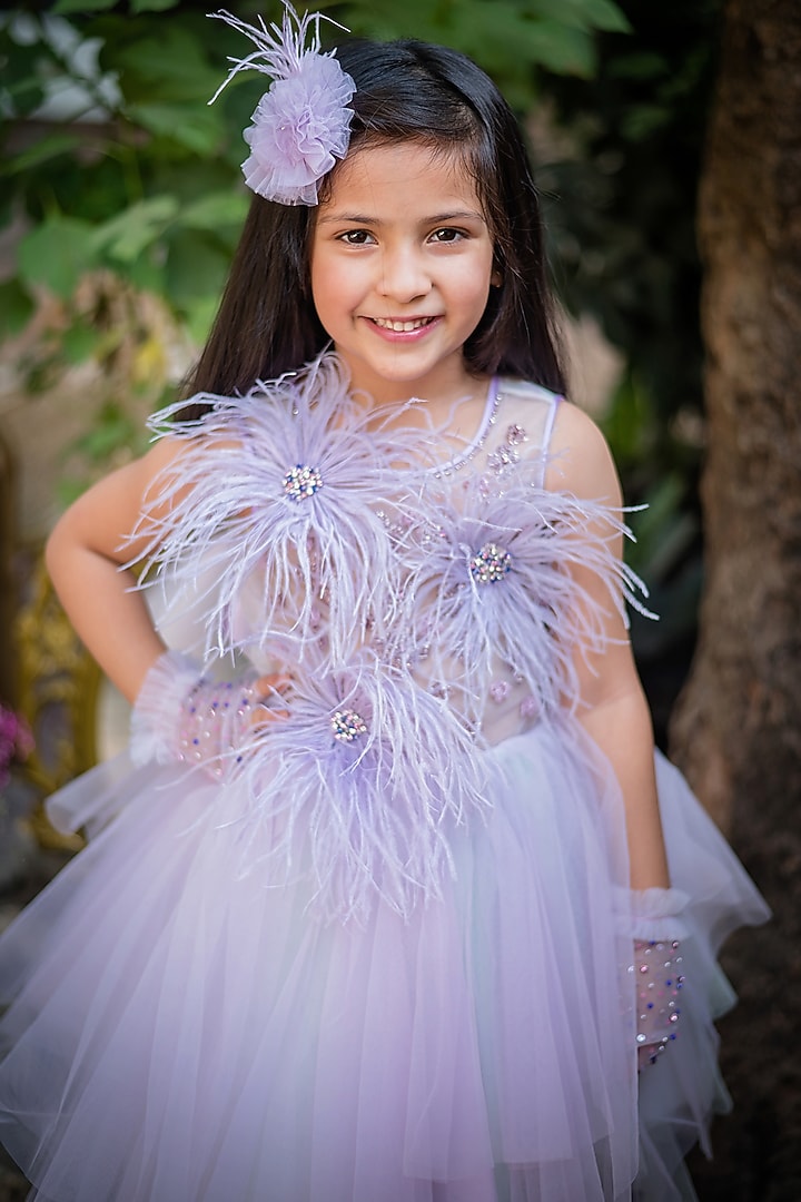 Lavender Tulle Embroidered Asymmetric Flared Dress For Girls by pa:paa at Pernia's Pop Up Shop
