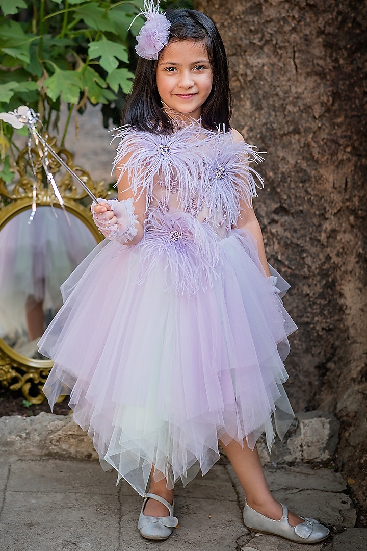 Lavender Tulle Embroidered Asymmetric Flared Dress For Girls by pa:paa at Pernia's Pop Up Shop