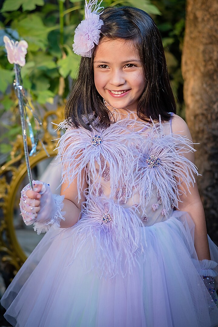 Lavender Tulle Embroidered Asymmetric Flared Dress For Girls by pa:paa at Pernia's Pop Up Shop
