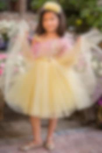 Yellow Tulle Embroidered Flared Dress For Girls by pa:paa