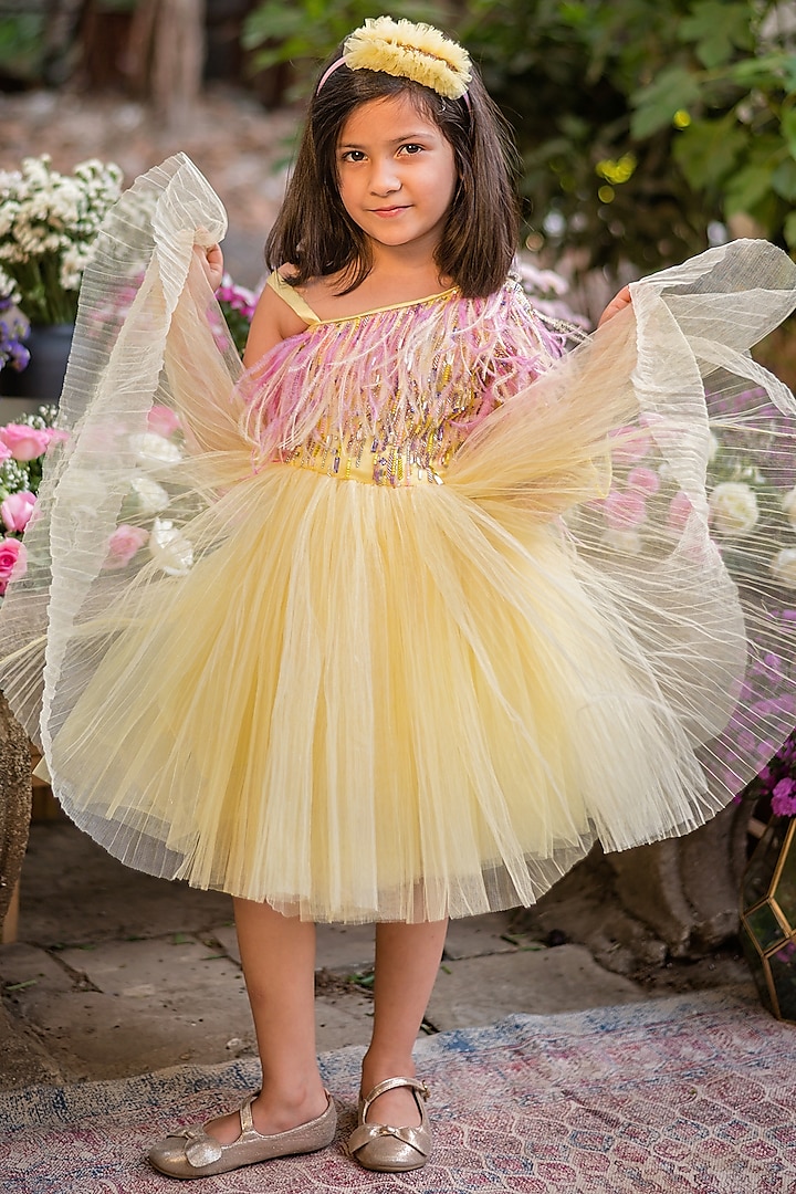 Yellow Tulle Embroidered Flared Dress For Girls by pa:paa