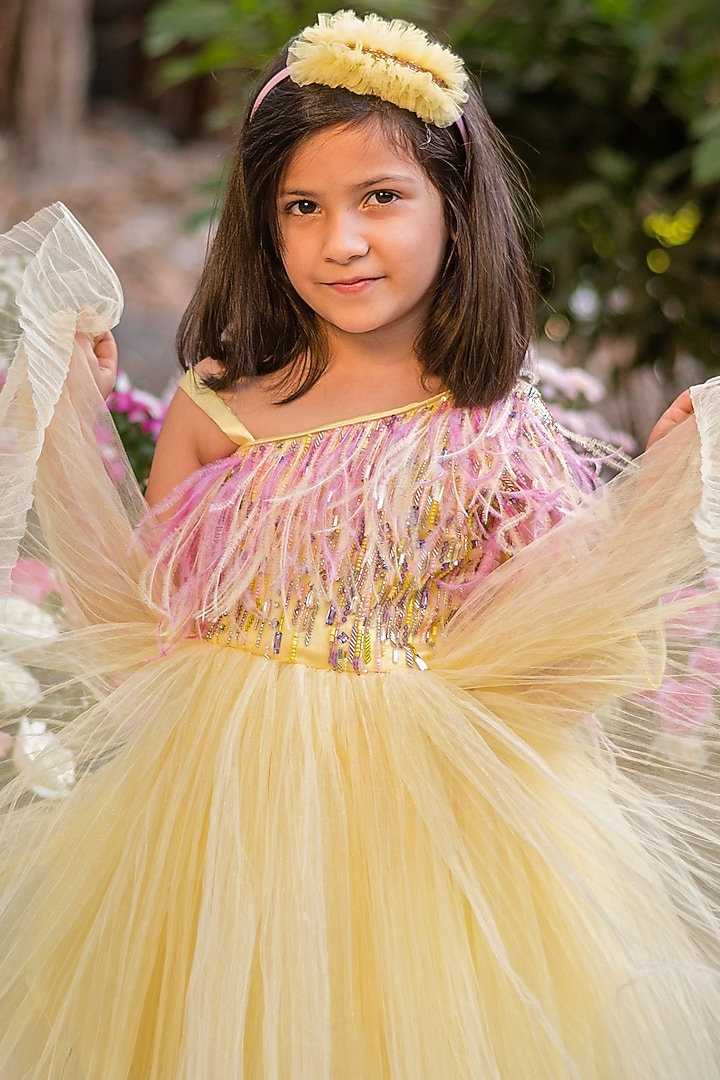 Yellow Tulle Embroidered Flared Dress For Girls by pa:paa at Pernia's Pop Up Shop