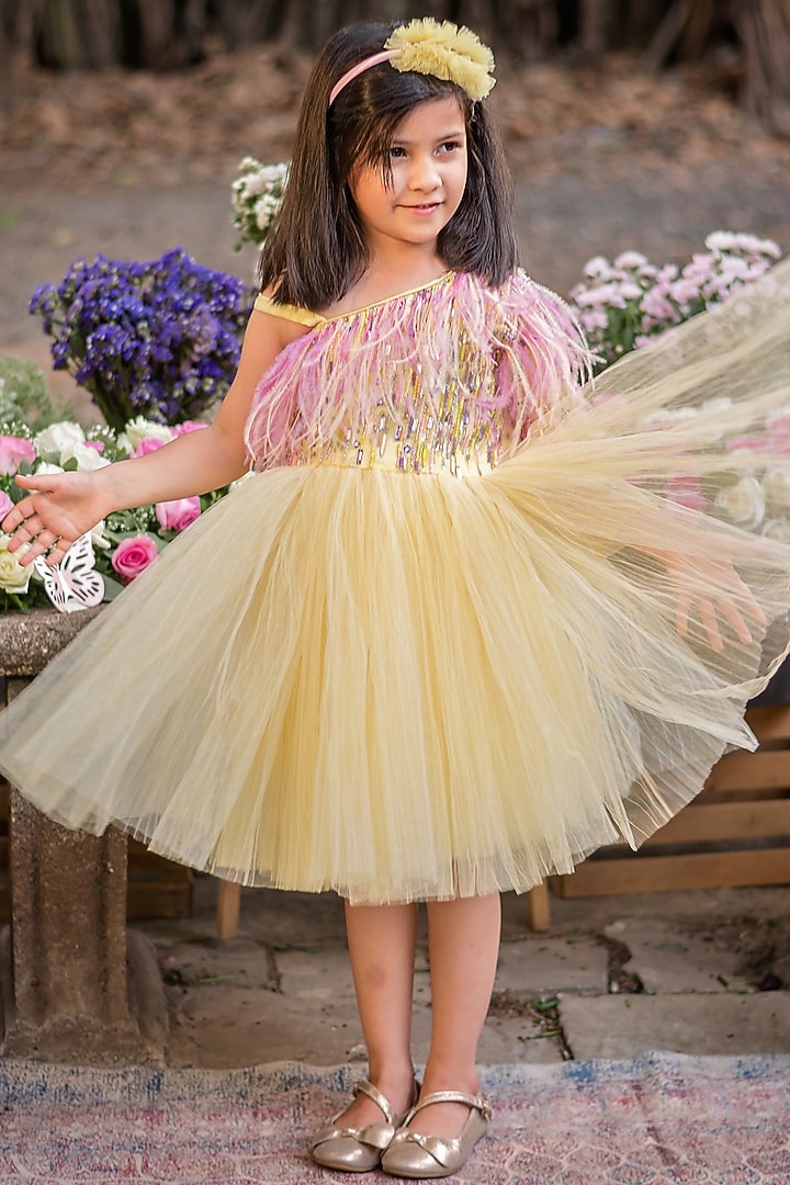 Yellow Tulle Embroidered Flared Dress For Girls by pa:paa at Pernia's Pop Up Shop