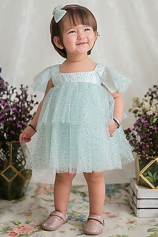 Sea Green Tulle Layered Dress For Girls by pa:paa