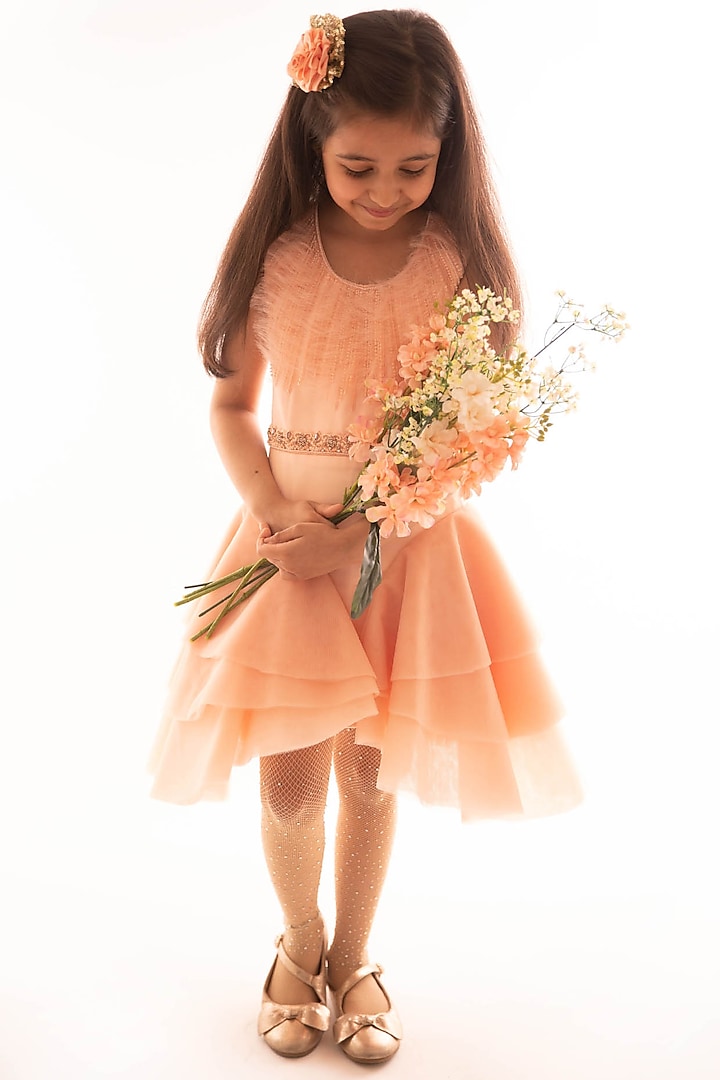 Peach Embroidered Flared Dress For Girls by pa:paa