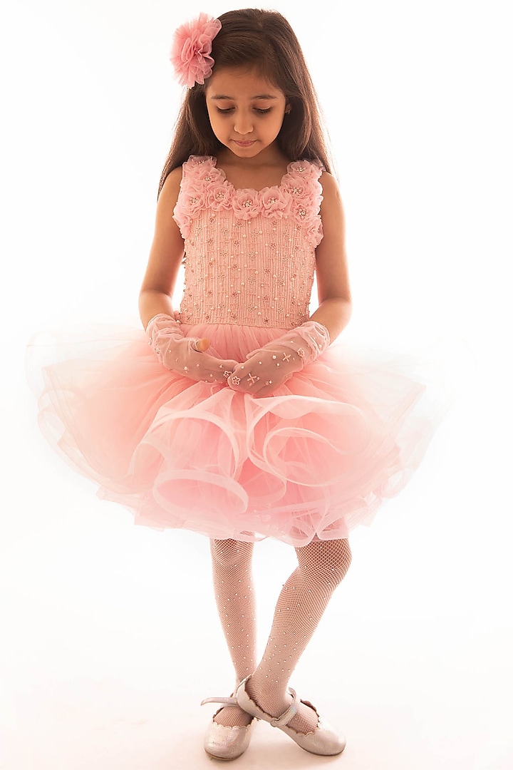 Blush Pink Embroidered Flared Dress For Girls by pa:paa
