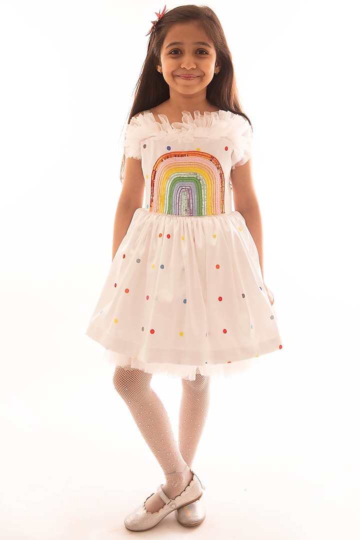 Off-White Printed & Embroidered Flared Dress For Girls by pa:paa
