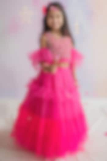 Bright Pink Hand Embroidered Lehenga Set For Girls by pa:paa