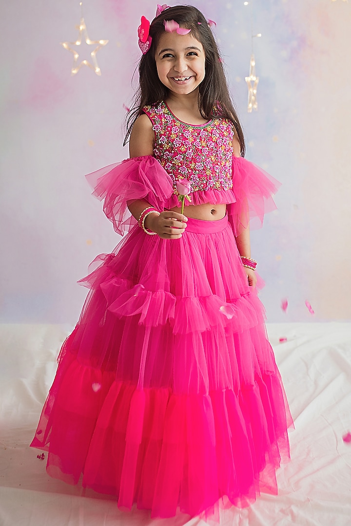 Bright Pink Hand Embroidered Lehenga Set For Girls by pa:paa
