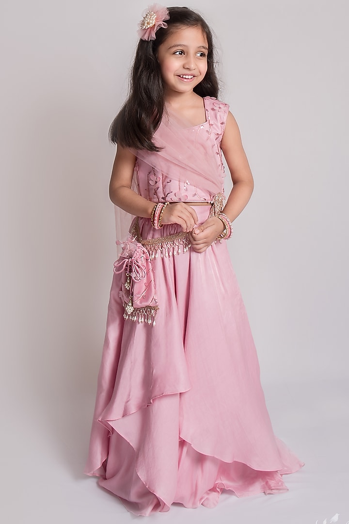 Rose Pink Cotton Satin Lehenga Set For Girls by pa:paa