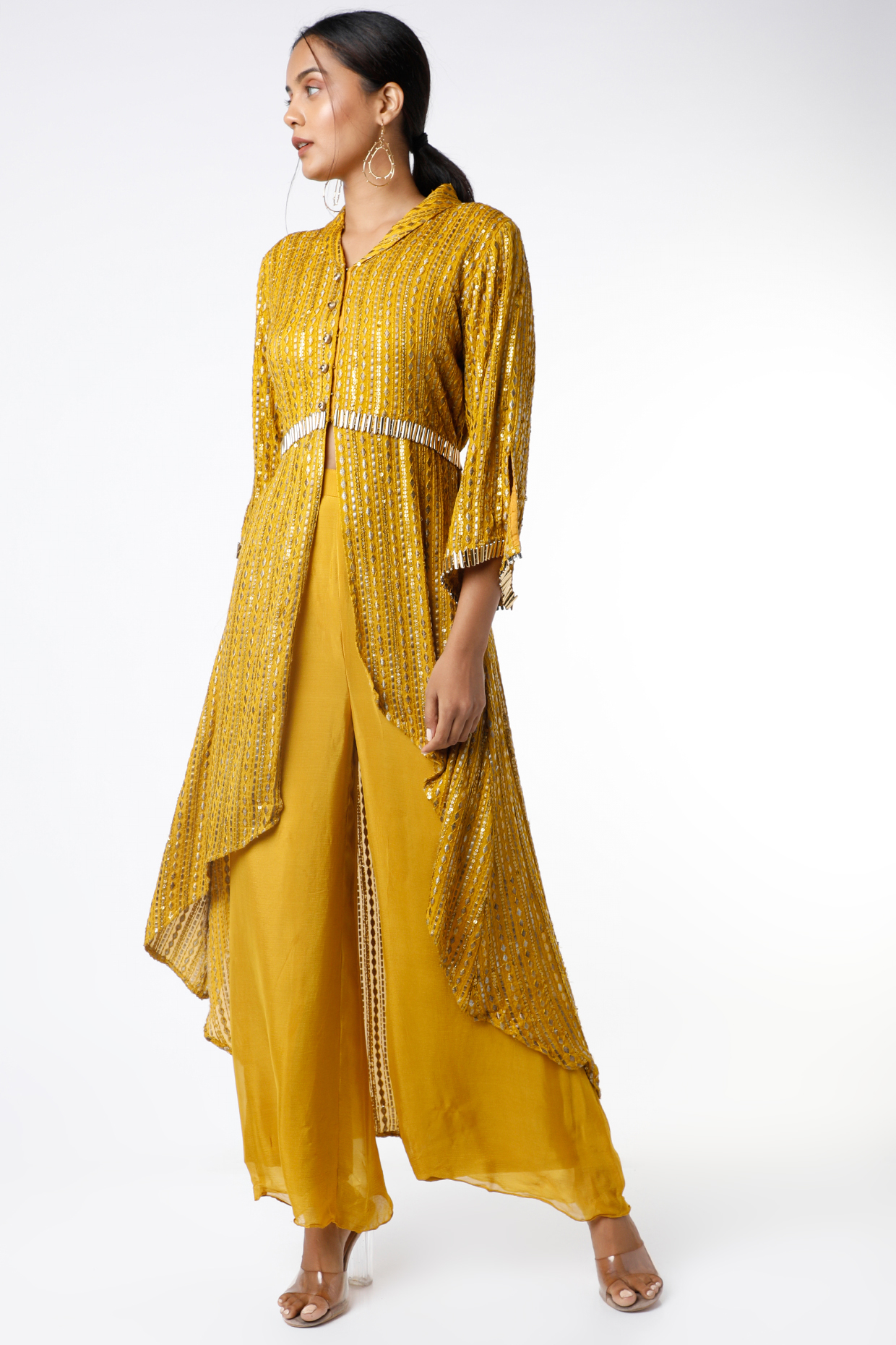Mustard Front-Open Jacket Set With Foil Work by Poshak apparels at Pernia's Pop Up Shop