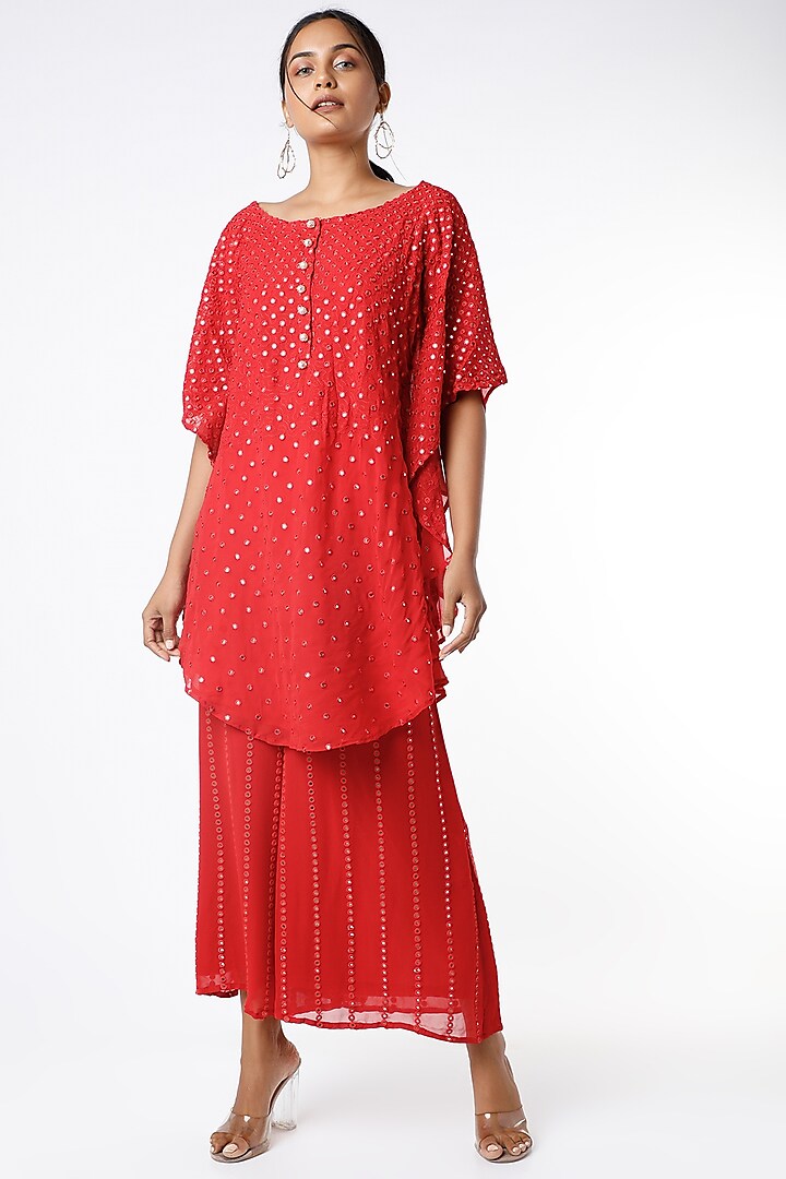 Red Embroidered Sharara Set by Poshak apparels