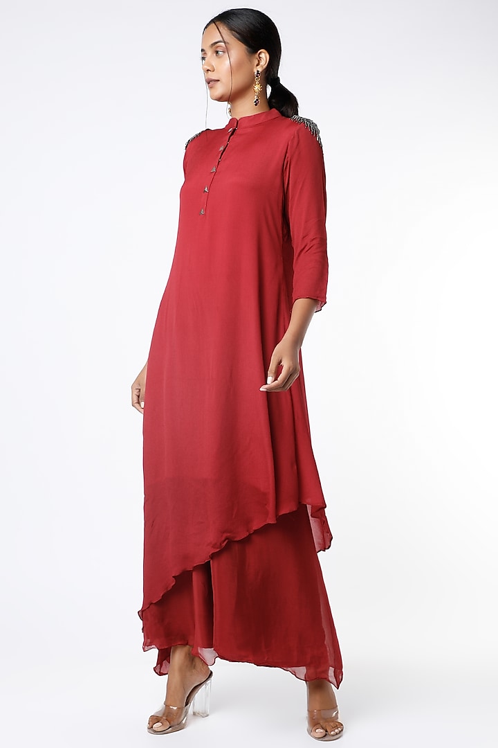 Red Embroidered Asymmetrical Kurta Set  by Poshak apparels