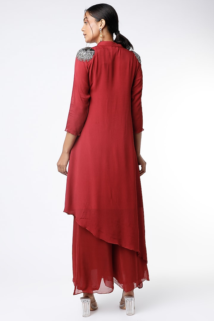 Red Embroidered Asymmetrical Kurta Set  by Poshak apparels at Pernia's Pop Up Shop