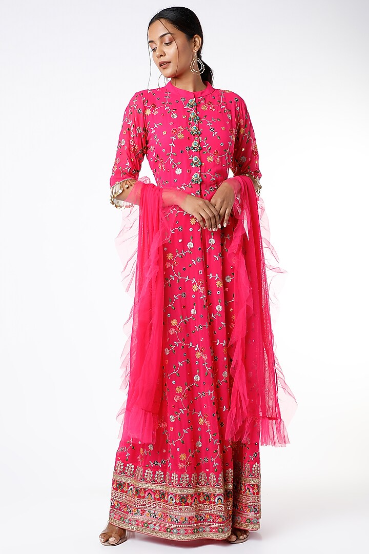 Hot Pink Embroidered Jacket Party Wear Anarkali Set by Poshak apparels at Pernia's Pop Up Shop