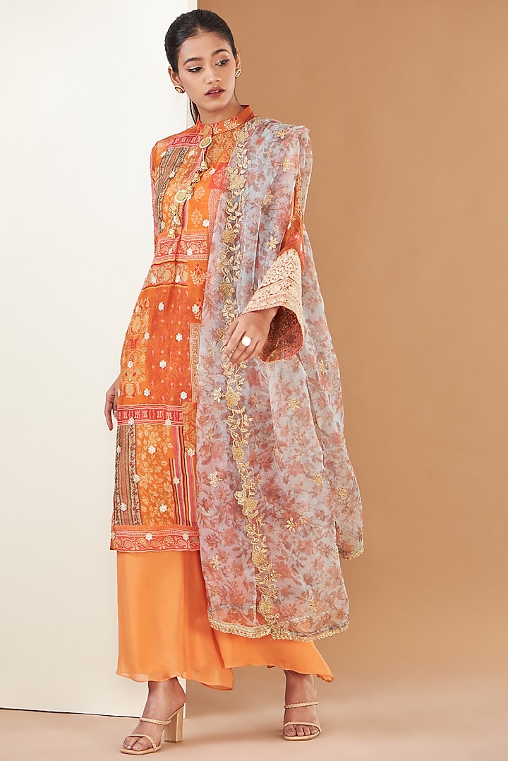 Orange Pure Silk Organza Digital Printed & Embroidered Kurta Set by Poshak apparels at Pernia's Pop Up Shop