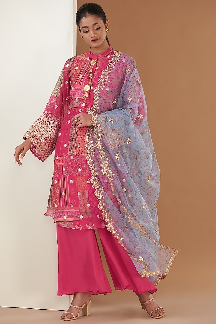 Pink Silk Organza Digital Printed & Embroidered Kurta Set by Poshak apparels