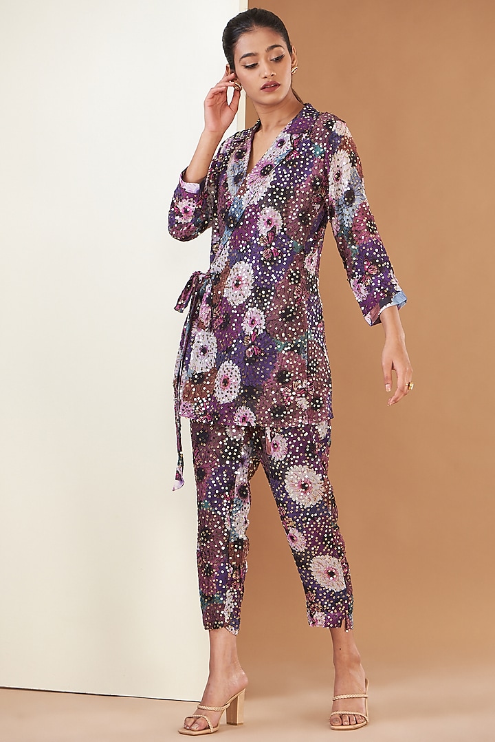 Purple Georgette Digital Printed Jacket Set by Poshak apparels at Pernia's Pop Up Shop