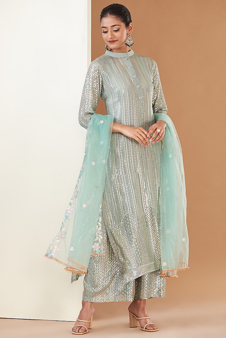 Grey Georgette Sequins Embroidered Kurta Set by Poshak apparels