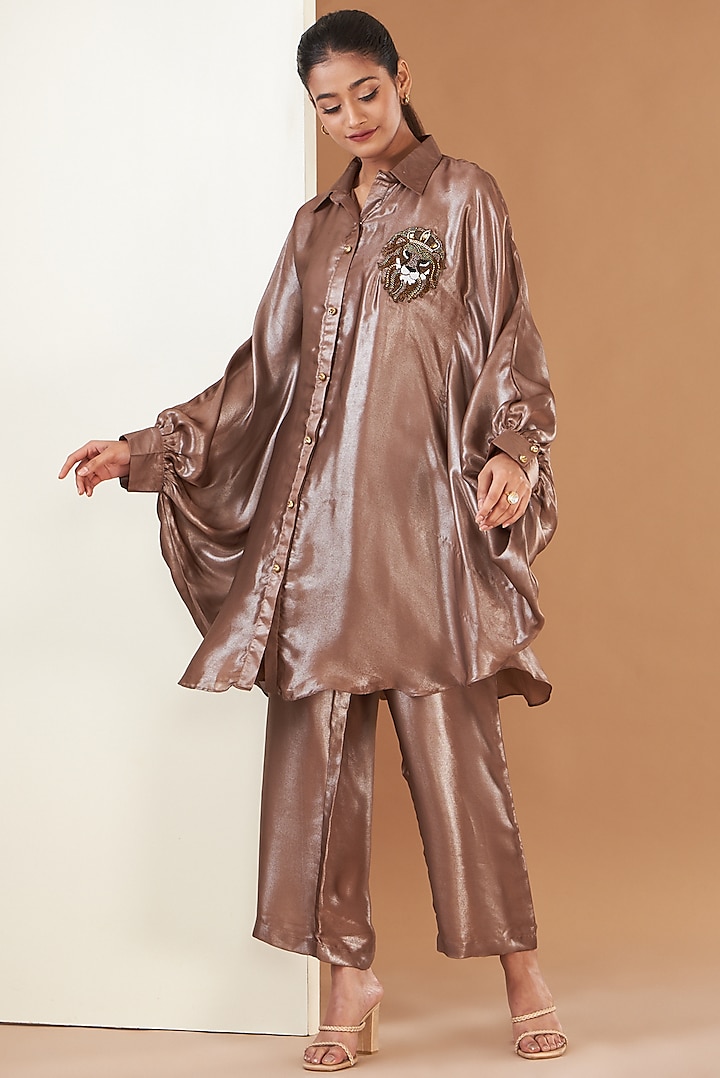 Metallic Brown Georgette Cape Set by Poshak apparels at Pernia's Pop Up Shop