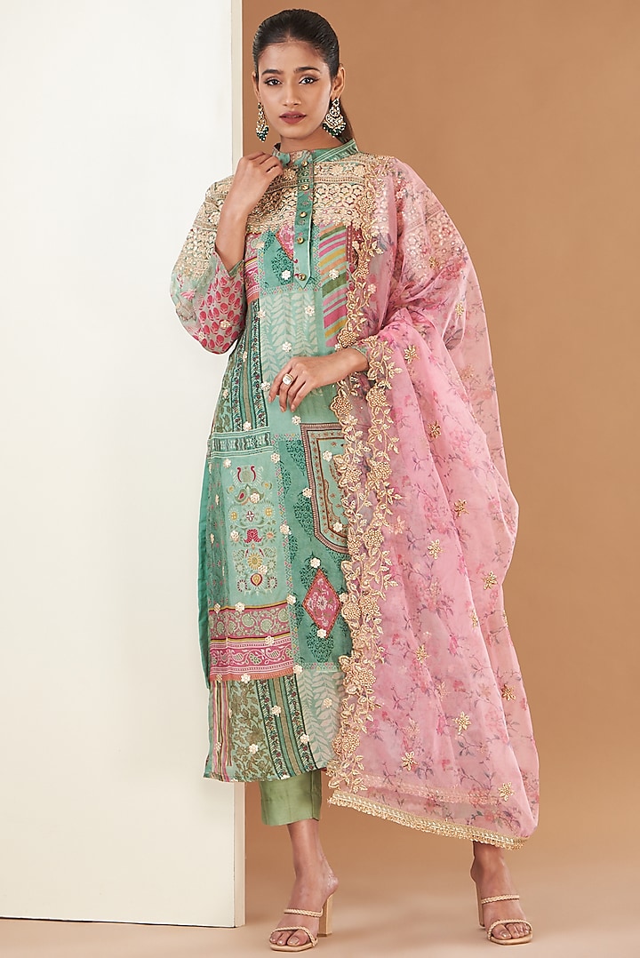 Green Silk Organza Digital Printed & Embroidered Kurta Set by Poshak apparels at Pernia's Pop Up Shop