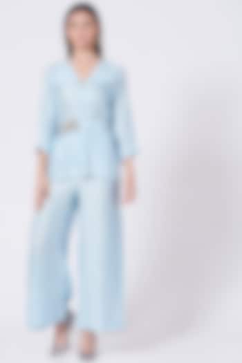 Powder Blue Short Jacket Set by Poshak apparels at Pernia's Pop Up Shop