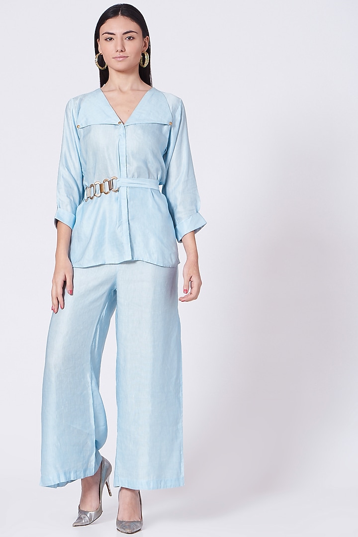 Powder Blue Short Jacket Set by Poshak apparels at Pernia's Pop Up Shop