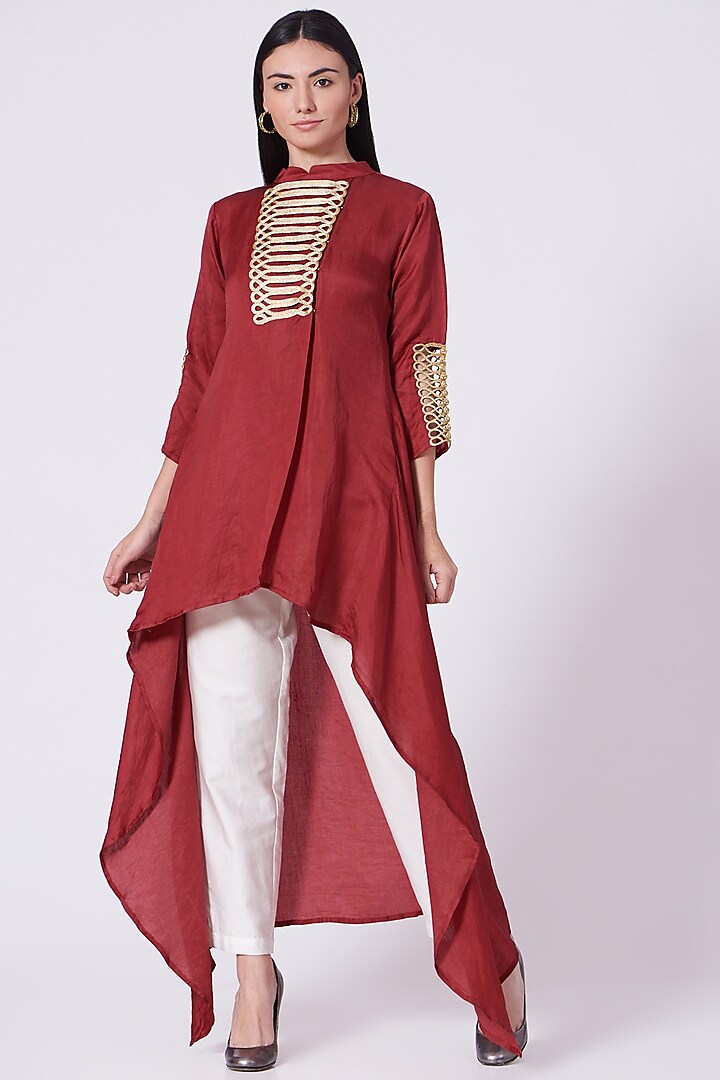 Maroon Embroidered Asymmetrical Tunic Set by Poshak apparels