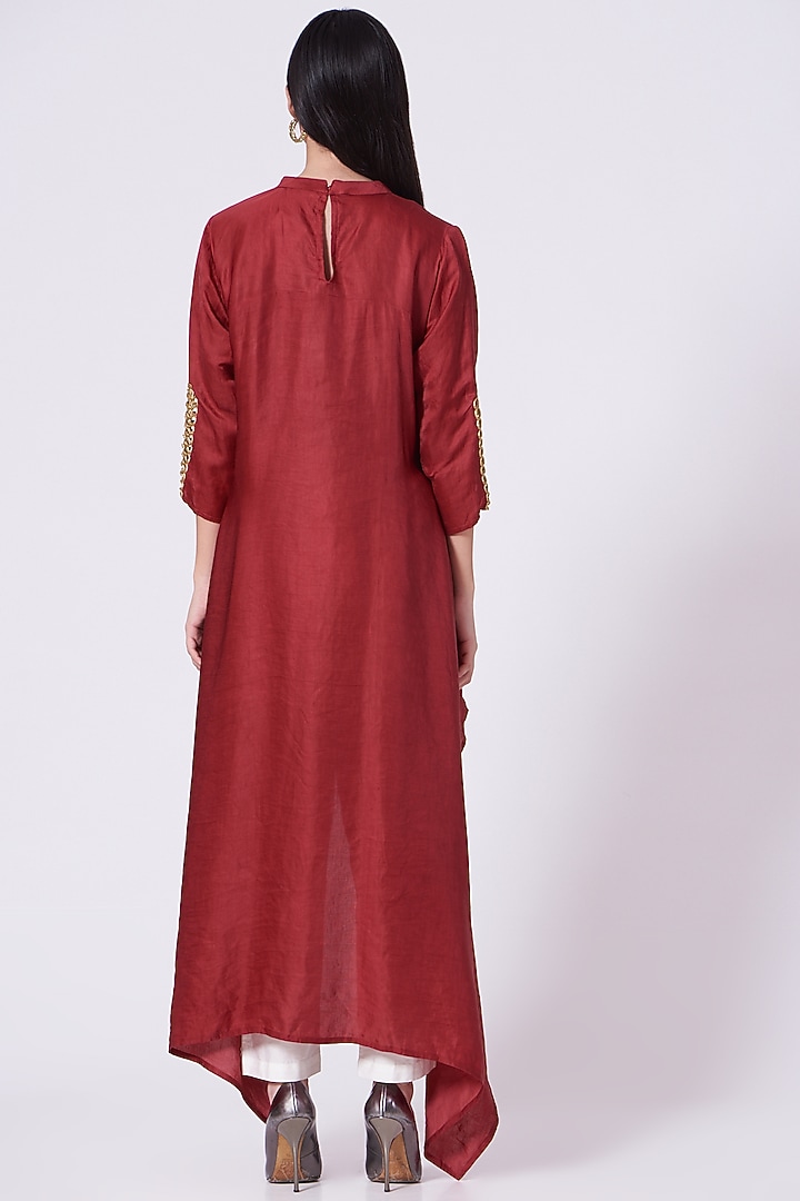 Maroon Embroidered Asymmetrical Tunic Set by Poshak apparels at Pernia's Pop Up Shop