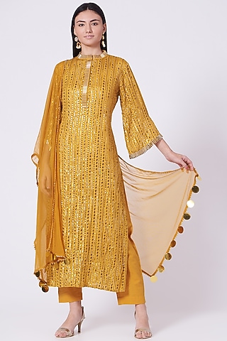 Mustard Foil Embroidered Kurta Set by Poshak apparels