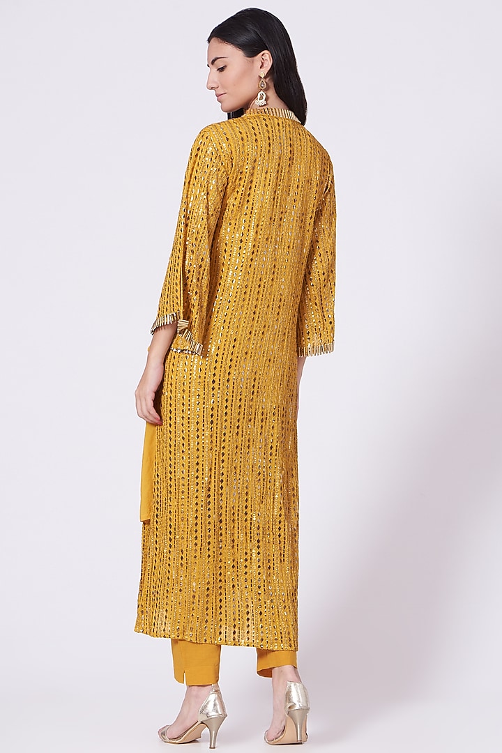 Mustard Foil Embroidered Kurta Set by Poshak apparels at Pernia's Pop Up Shop