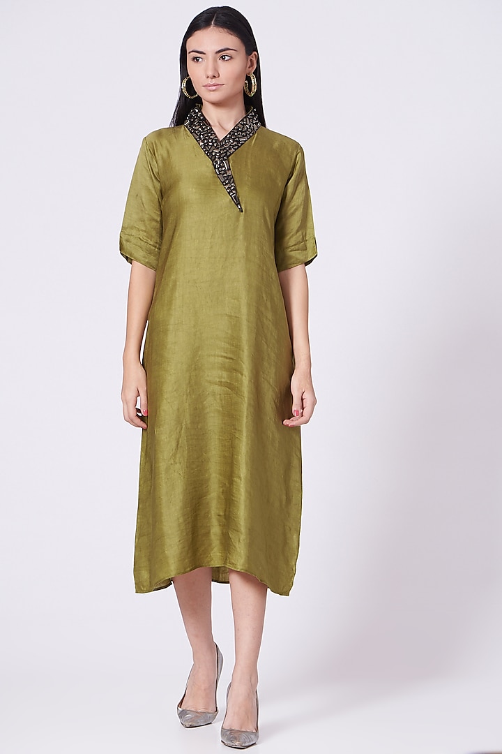 Olive Metallic Embroidered Straight Kurta Dress by Poshak apparels