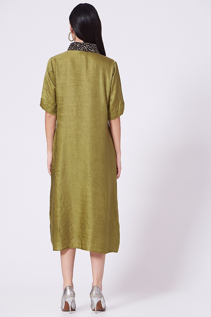 Olive Metallic Embroidered Straight Kurta Summer Dress by Poshak apparels at Pernia's Pop Up Shop