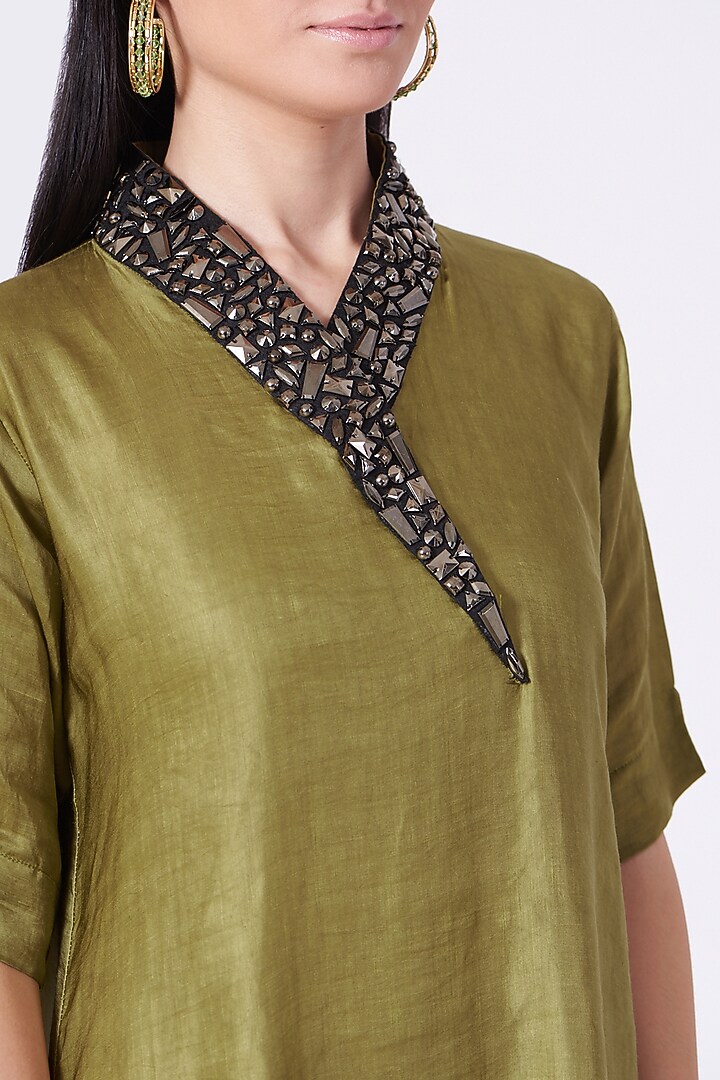 Olive Metallic Embroidered Straight Kurta Summer Dress by Poshak apparels at Pernia's Pop Up Shop