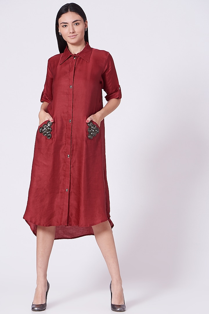 Maroon Swarovski Embroidered Shirt Dress by Poshak apparels