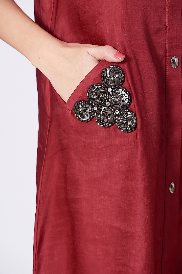 Maroon Swarovski Embroidered Summer Shirt Dress by Poshak apparels at Pernia's Pop Up Shop