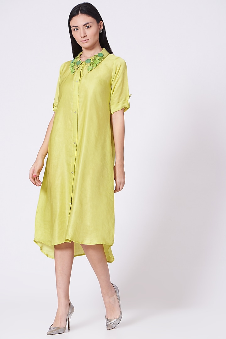 Lemon Yellow Floral Embroidered Shirt Dress by Poshak apparels