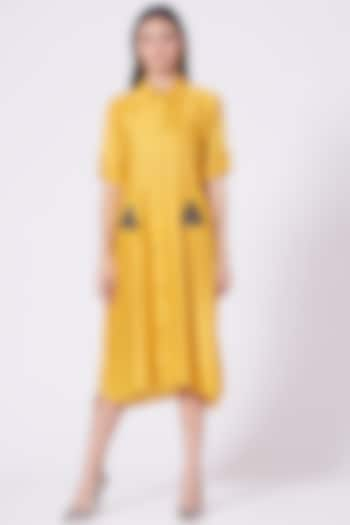 Light Mustard Swarovski Embroidered Shirt Dress by Poshak apparels at Pernia's Pop Up Shop