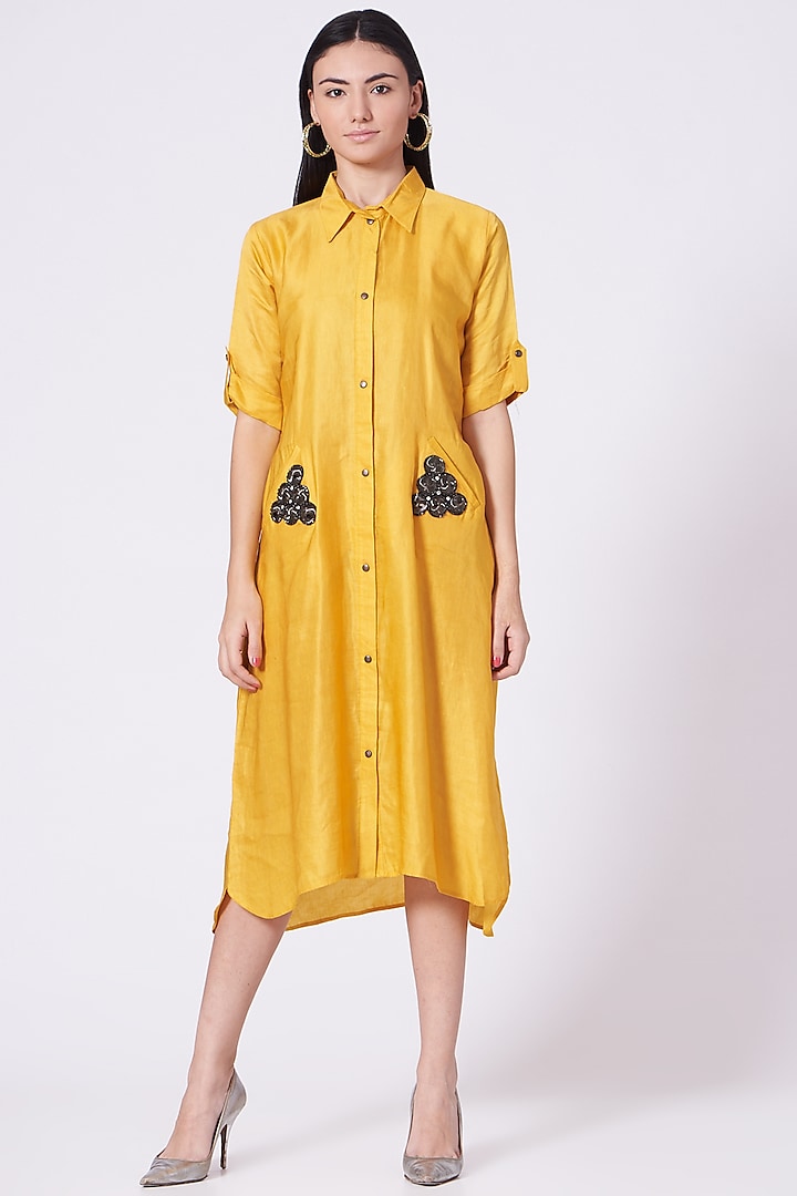 Light Mustard Swarovski Embroidered Shirt Dress by Poshak apparels