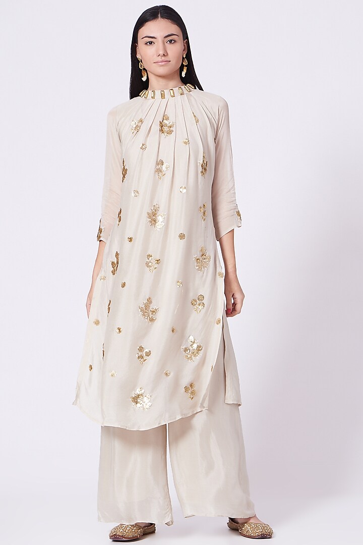 Ivory Sequins Embroidered Long Kurta Set by Poshak apparels